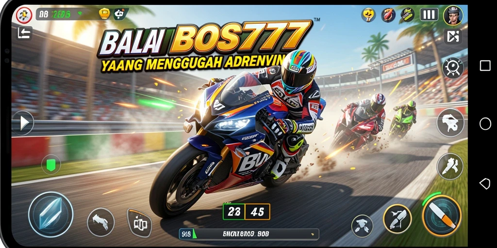 Screenshot game BOS777 menampilkan aksi balapan motor yang intens dan dinamis.
