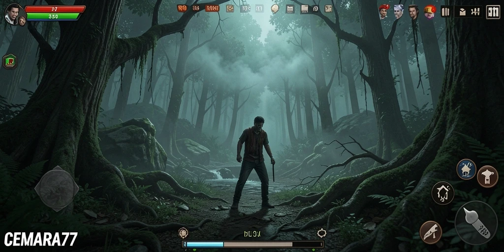 Screenshot dari gameplay menyeramkan CEMARA77 yang menampilkan suasana hutan mencekam.