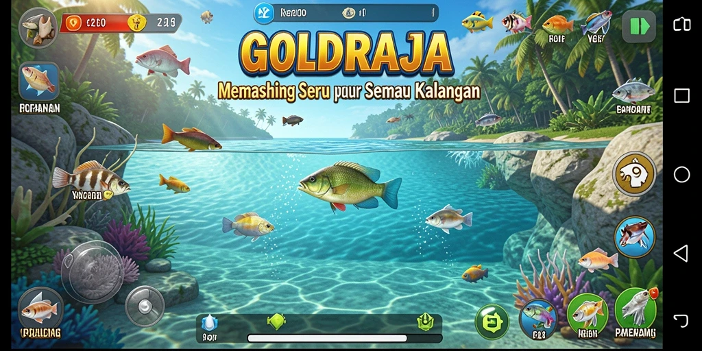 Gameplay GOLDRAJA dengan visual memukau saat memancing.