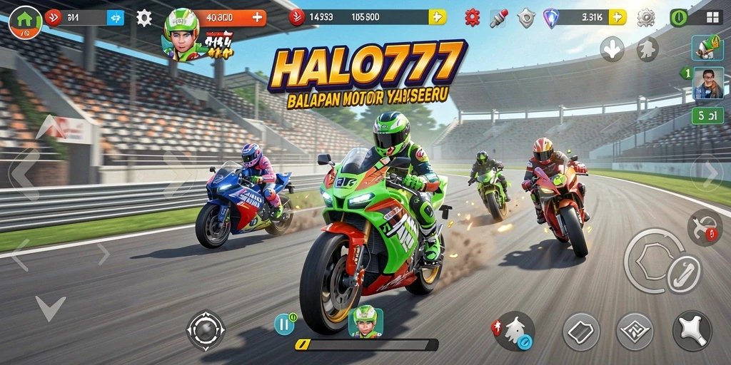 Screenshot gameplay HALO777 menampilkan aksi balapan motor yang intens.