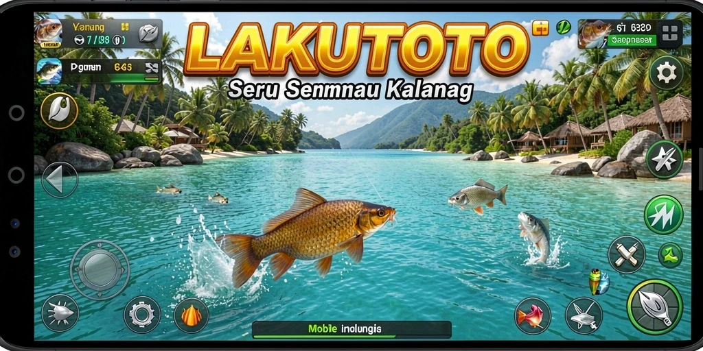 Tampilan gameplay LAKUTOTO menampilkan momen seru saat menangkap ikan.