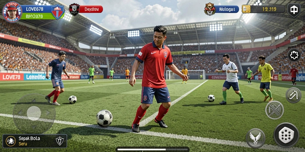 Screenshot gameplay LOVE678 menampilkan aksi pertandingan sepak bola yang mendebarkan.