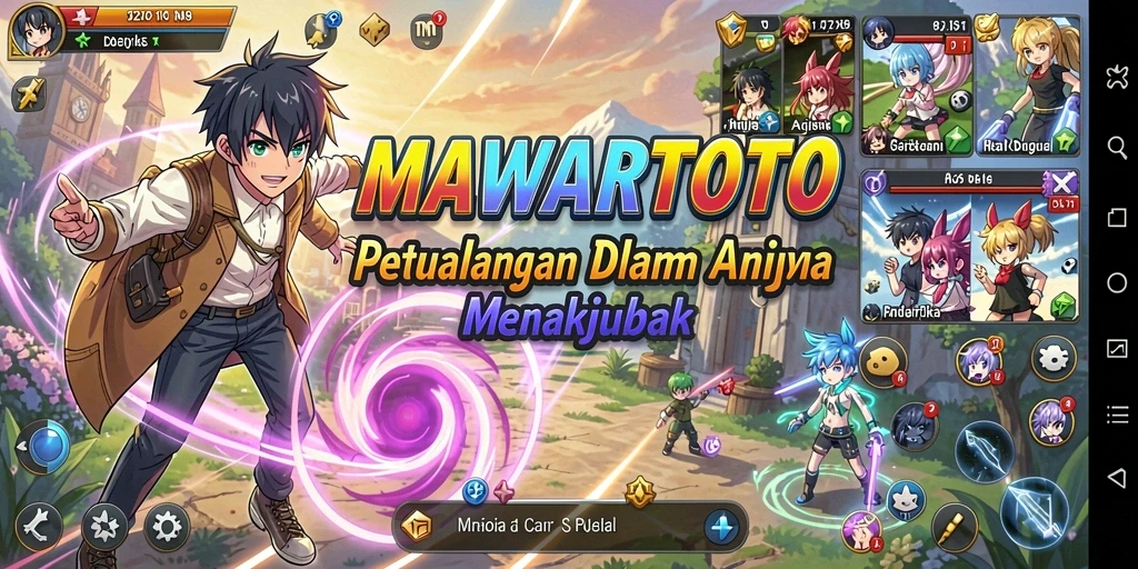 Tampilan gameplay menampilkan karakter anime yang dinamis dan berbagai lokasi menarik.