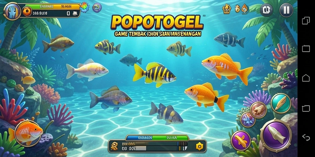 Gameplay seru dari POPOTOGEL saat menembak ikan di lautan.