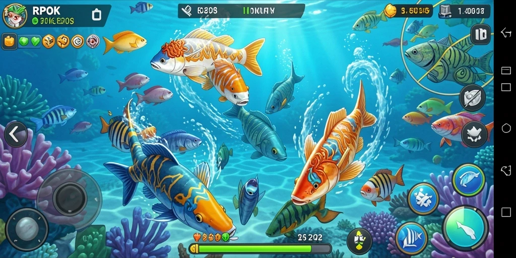 Gameplay seru di RPOK saat menembak ikan berwarna-warni.