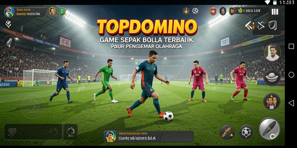 Screenshot utama TOPDOMINO menampilkan aksi sepak bola yang mendebarkan.