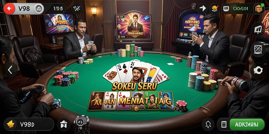 Screenshot V98 menampilkan gameplay Poker yang seru dan mendebarkan.