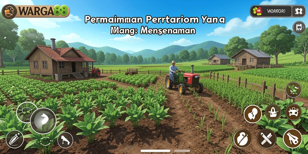 Screenshot gameplay WARGA88 menunjukkan suasana pertanian yang ceria.